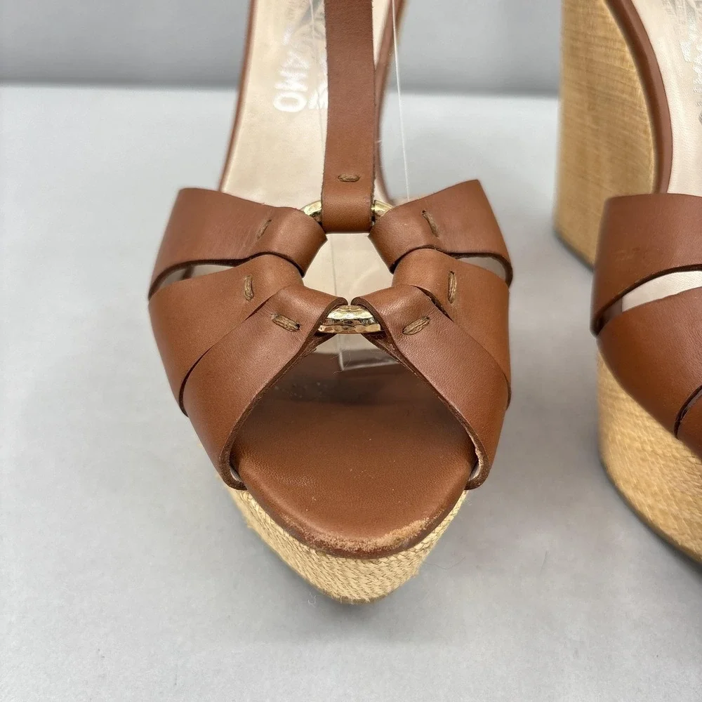 Salvatore Ferragamo Wedge Sandals Shoes Womens 8.5 Leather‎ Espadrille Italy